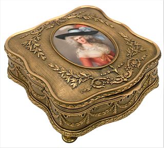 Large French Dore Bronze Box, square form with oval plaque of Lady Laurence, signed Wagner, height 3 3/4 inches, top 9 1/2" x 8 1/2".