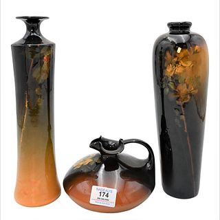 Three Piece Louwelsa Weller Art Pottery Group, to include two tall vases, 12 and 12 1/2 inches; along with an ewer, 4 inches.