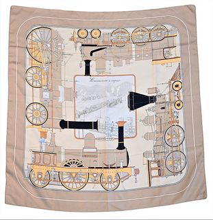 Hermes "Locomotives a Vapeur" silk scarf with box. Provenance: The Estate of Alina Roisen, Park Avenue, New York.