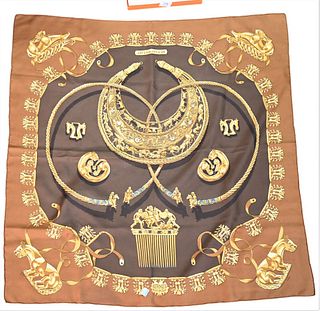 Hermes "Les Cavaliers D'or" silk scarf with box. Provenance: The Estate of Alina Roisen, Park Avenue, New York.