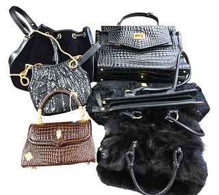 Six Handbags/Purses, to include Judith Leiber, Dooney & Bourke, Gianni Versace, along with two unmarked faux fur bags and faux skin bag with horse hea