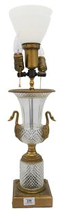 Baccarat Crystal Urn Form Table Lamp, having urn mounted with swan handles on cylindrical base and square foot, height 26 1/2 inches.