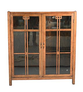 Mission Style Oak Two Door Bookcase, marked Alexander Bros., height 52 1/2 inches, top 13" x 46 1/2".