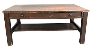 Gustav Stickley Mission Oak Writing Table, having two drawers, marked with red tool mark, height 30 inches, top 36" x 65 3/4".