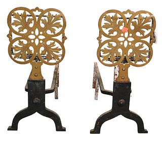 Pair of 19th Century Brass and Iron Andirons, height 19 1/2 inches.