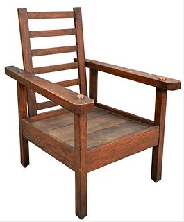 Mission Oak Morris Chair, no cushion or back plug supports, height 44 inches, width 30 1/2 inches, depth 38 1/2 inches.