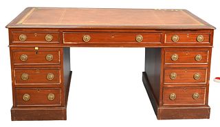 George IV Mahogany Partners Desk, in three parts, having tooled leather top, one side having doors, one side having drawers, (molding chips), height 3