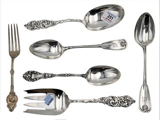 Five Piece Silver Serving Pieces, to include two Tiffany & Company spoons, one medallion coin fork, etc., 15.8 t.oz.