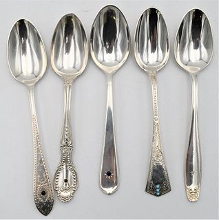 Six Various Sterling Silver Spoons, each mounted with stones, to include one diamond, blue sapphire, one Tiffany & Company, etc., 4.8 t.oz.