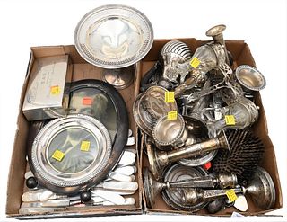 Large Lot of Sterling Silver, some weighted, to include candlesticks, coasters, picture frame, 37 mother of pearl handled knives, mirrors, etc.; longe