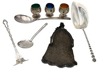 Sterling Silver Lot, to include small cups, flatware, serving pieces, mesh purse, along with Georg Jensen; 28.8 t.oz.