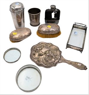 Sterling Silver Lot, to include cocktail shaker cup, mirror, brushes, flask, etc., 16.9 t.oz. weighable plus six pieces.