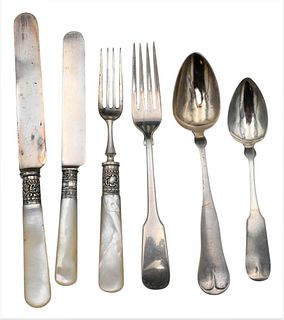 Sterling Silver and Coin Silver Lot, to include spoons and forks, along with 18 piece pearl handled forks and knives, 19.5 t.oz. weighable.