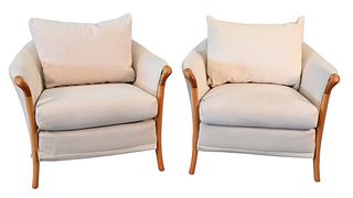 Pair of Umberto Asnago for Giorgetti Upholstered Chairs, having exposed wood arms, seat height 17 inches.