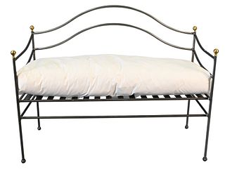 Iron Bench, along with an upholstered seat cushion, height 39 inches, length 50 inches.