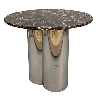 Marble Top Table, having chrome rounded base, height 29 1/2 inches, diameter 36 inches.