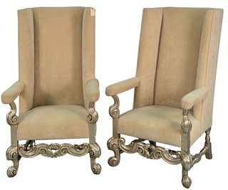 Pair of Upholstered Open Armchairs, having silvered frames, slight imperfections to top of one chair, height 51 inches, seat height 16 inches, width 2