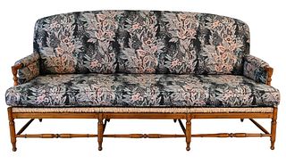 French Country Style Contemporary Sofa, having woven seat with upholstered cushion, height 38 inches, length 78 inches.