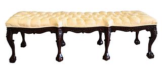 Chippendale Style Mahogany Bench, having tufted upholstered seat, (slightly soiled/2 buttons off), height 20 inches, top 20" x 67".