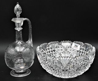 Two Glass Pieces, to include colorless cut glass bowl, height 4 1/8 inches, diameter 9 1/4 inches; along with an etched glass ewer having etched birds