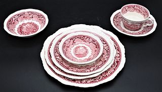 Mason Red and White "Vista" Dinnerware Set, to include 15 serving pieces; 12 small dishes; 11 dinner plates; 11 lunch plates; 12 bowls; 10 cups and sa