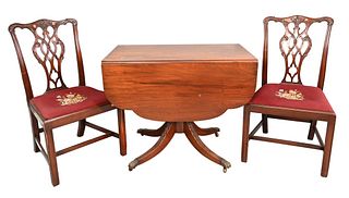 Three Piece Lot, to include a mahogany Duncan Phyfe style drop leaf table, along with a pair of mahogany Chippendale style side chairs, height 29 inch