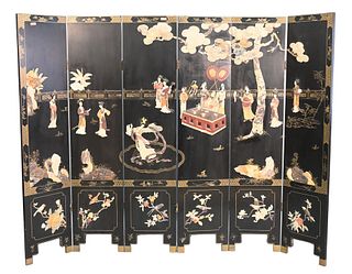 Chinese Hardstone Mounted Wood Six-Panel Floor Screen, 20th century, height 72 inches, width of each panel 16 inches.