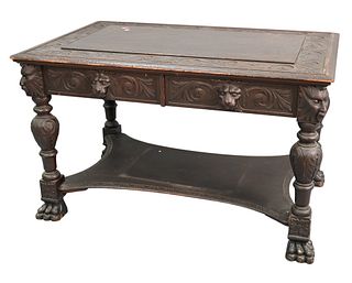 Mahogany Carved Center Table, circa 1900, having two drawers with lion mark handles, corners and large claw feet, height 29 1/2 inches, top 30 1/2" x 