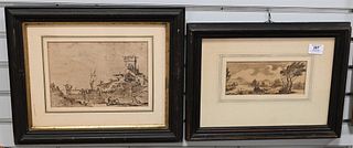 Two Early Watercolors of Landscapes, to include one of a castle with figures, 7" x 9 1/2"; along with a wooded landscape, 3 3/4" x 8 1/4"; unsigned, 1