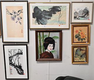 Group of Seven Chinese School Paintings, to include Alexander Ross, Prancing Fillies, lithograph, signed and numbered 17/500; two large Chinese School