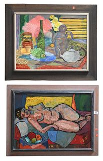 Two Isabelle T. Farrington (1917 - 2021) Paintings, to include still life of table top, oil on canvas, 20" x 25"; along with a reclining nude figure, 