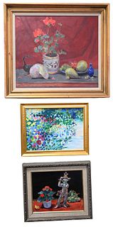 Group of Six Still Life Paintings, to include Brooke Waring, bowl with fruit, oil on canvas, 20" x 24"; Adele Moros, Iris, watercolor, 16 1/4" x 7 1/4