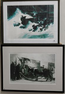 Three Pencil Signed Prints by Ramsey, to include Reflection; cow looking at a painting of cows; Dangerous Job on Rocky Coast; largest 19 1/2" x 26".