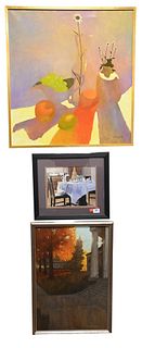 Three Framed Paintings, to include Bill Farnsworth, Autumn Morning, oil on board, 27" x 17"; still life, oil on canvas, signed Almgren, 30" x 28"; alo