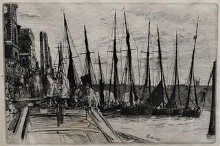 James McNeill Whistler (American, 1834 - 1903) Etching, "Billingsgate" 1859, marked Whistler 1859, 5 7/8" x 8 7/8".