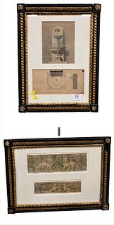 Three Piece Framed Art Group, to include Neptune and Amphitrite by Jean Le Pautre from Oeuvres d'Architecture; an architectural sketch and lithograph;