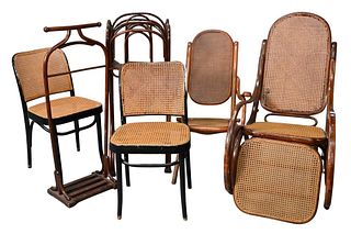 Large Lot of Bentwood / Thonet Lot, to include rocker, magazine rack, drying rack, pair of side chairs, along with a folding chair, etc.