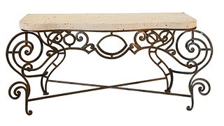 Iron Contemporary Server/Hall Table, having poured top, height 31 1/2 inches, length 60 inches.