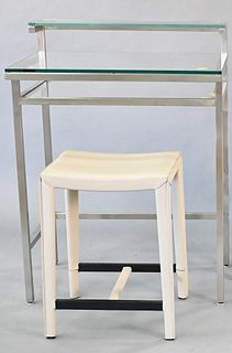 Contemporary Glass Top Writing Table, along with a Maria Yee, Inc. stool, height 41 1/2 inches, width 30 inches.