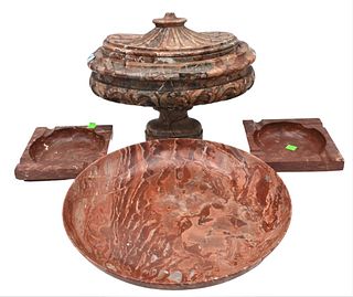 Four Piece Rouge Marble Group, to include a carved urn with cover, height 11 1/2 inches; a large charger, marked Jenkins, diameter 15 inches; along wi