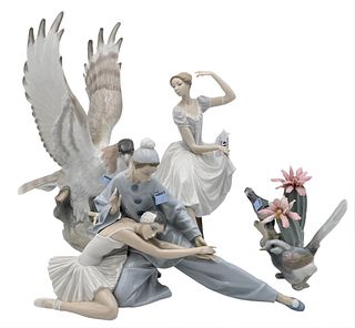 Five Lladro Porcelain Figures, to include two ballerina's, height 11 inches; two birds; along with a hawk.