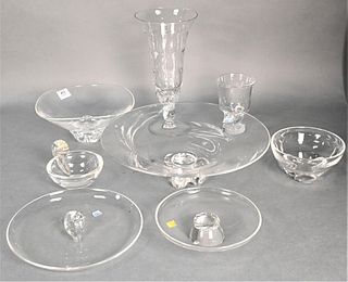 Seven Steuben Crystal Pieces, to include compotes, bowls, vases, along with a large compote (missing part of base); tallest 13 inches.