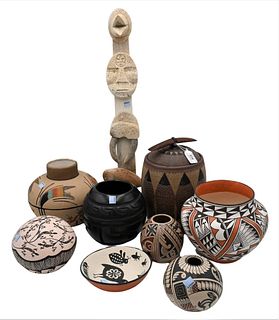 Group of Southwest Items, to include pottery vases, Ron Ekemo whale bone totem pole, Rose Lewis Santa Clara black pottery vase marked M.Leno Acoma pot