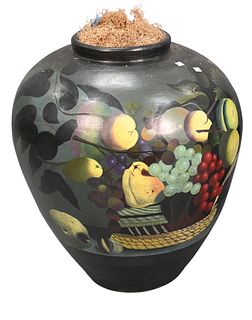 Large Contemporary Planter, having painted fruit exterior, height 27 inches, diameter 23 inches.