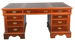 Mahogany Executives Partners Desk, in three parts, having three panel tooled leather top along with burl panel drawer fronts, height 30 inches, top 40