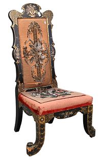 Chinese Paper Mache and Mother of Pearl Inlaid Side Chair, having needlework upholstery and turned front feet, height 40 inches, seat height 13 1/2 in