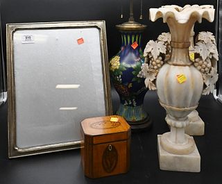 Group Lot, to include a pair of alabaster ewers, cloisonne vase, inlaid tea box, along with a picture frame.