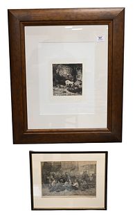 Group of Framed and Unframed Items, to include a Peter Moran etching with cows; small etching with cows possibly Moran; portfolio with lithographs, et