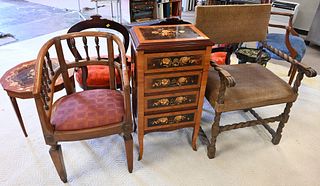 Large Lot, to include three Victorian side chairs; gilt decorated lacquered side table; four drawer inlaid chest with matching side table; along with 