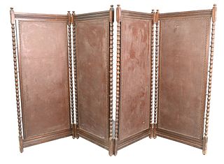 Victorian Four-Part Dressing Screen, in two sections, having leather center, height 73 inches, width (32" x 4) 128 inches.